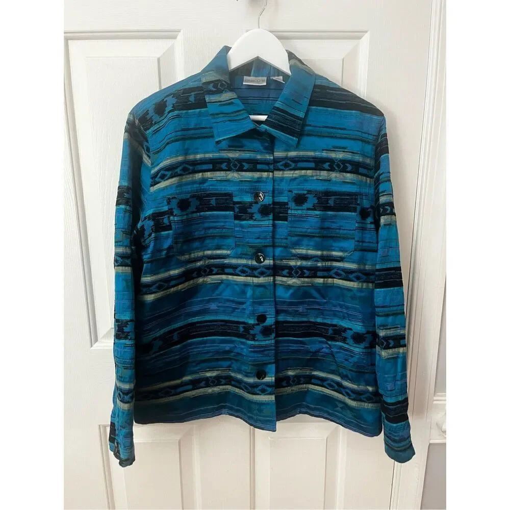 Chico’s Blue Southwestern Print Silk Blend Button Up Jacket sz 2 or M EUC